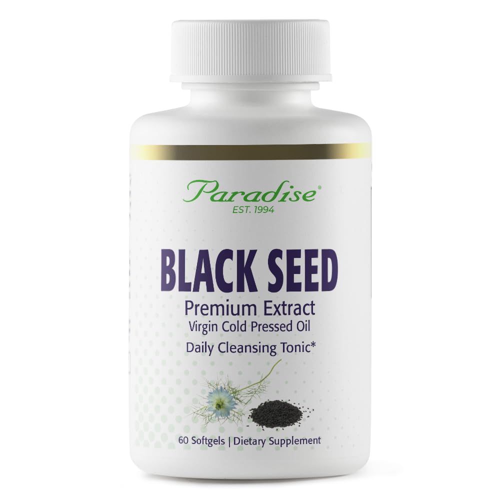 Paradise Black Seed Oil softgels bottle with Nigella Sativa imagery