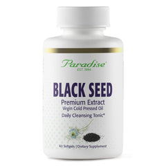 Paradise Black Seed Oil softgels bottle with Nigella Sativa imagery