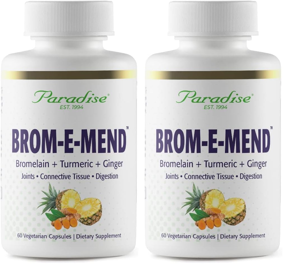 Paradise Bromelain Brom-E-Mend bottle with Turmeric and Ginger – 60 Vegetarian Capsules (Pack of 2)