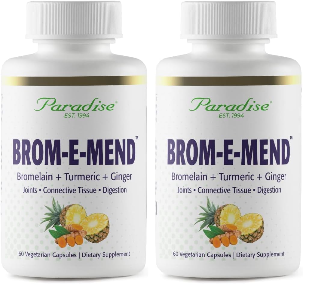 Paradise Bromelain Brom-E-Mend bottle with Turmeric and Ginger – 60 Vegetarian Capsules (Pack of 2)