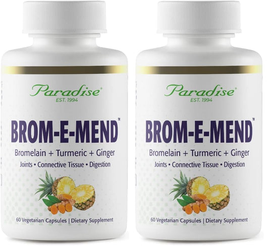 Paradise Bromelain Brom-E-Mend bottle with Turmeric and Ginger – 60 Vegetarian Capsules (Pack of 2)