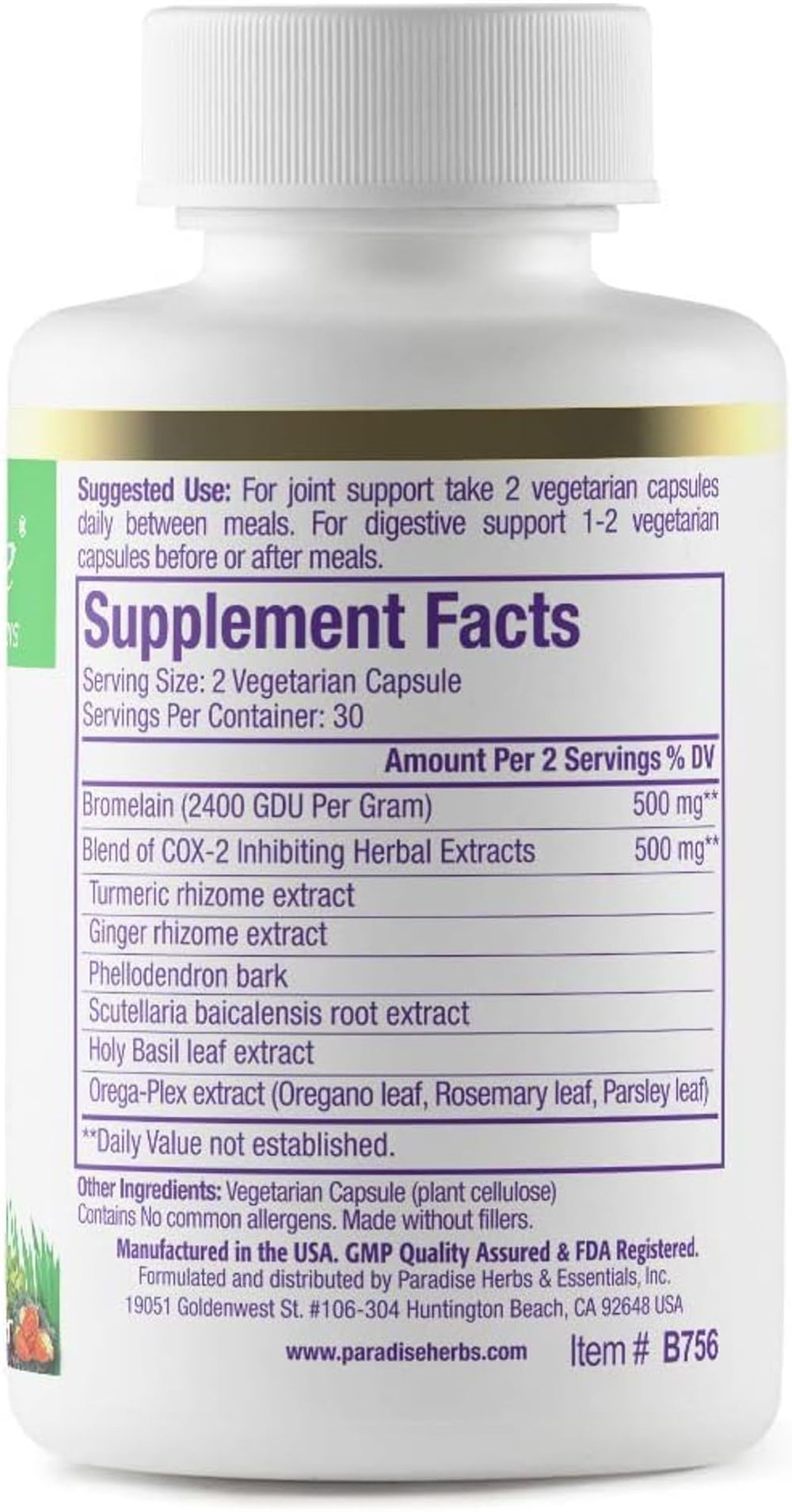 Close-up of Paradise Bromelain supplement bottle label highlighting vegan, non-GMO and gluten-free features