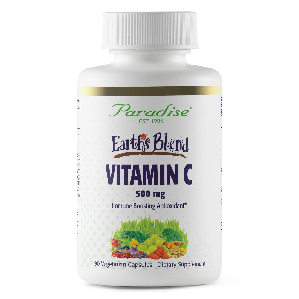 Paradise Earth's Blend Vitamin C bottle beside ORAC Energy Greens base