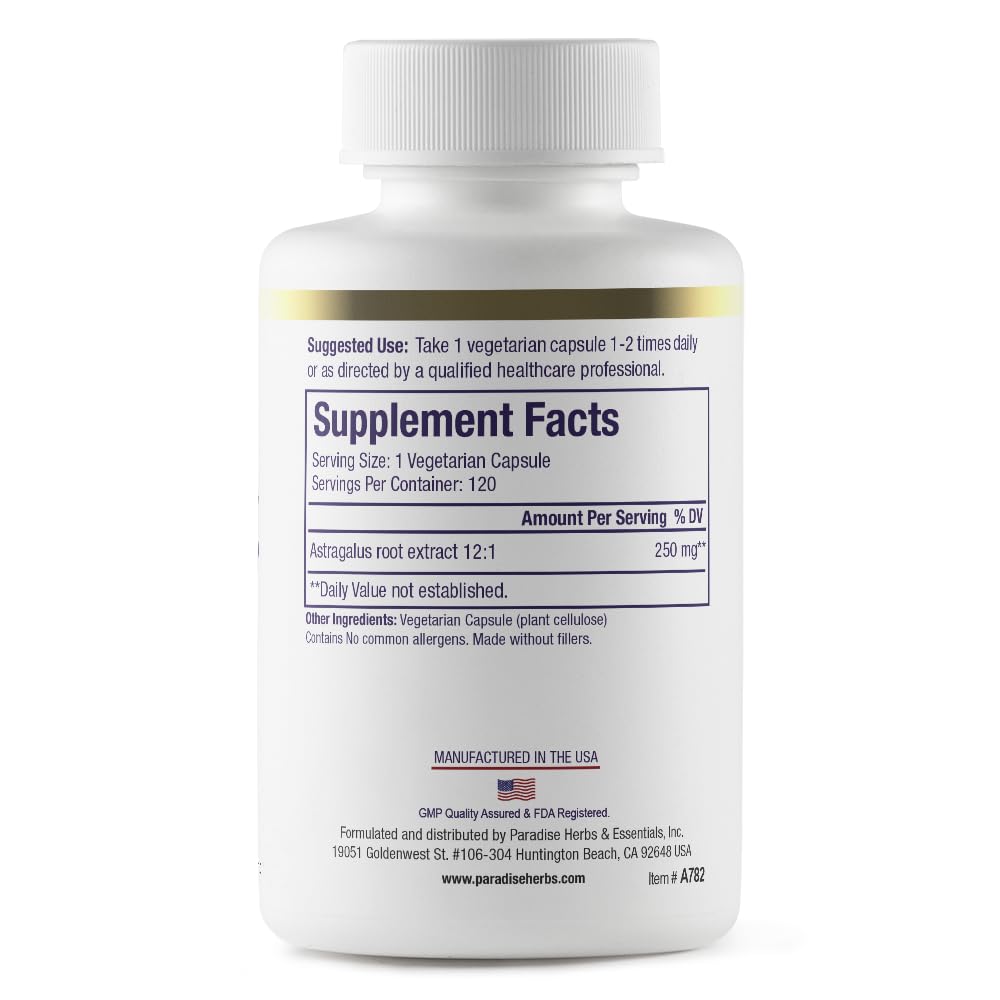Close-up of Paradise Herbs Astragalus Extract bottle label – non-GMO, gluten-free, two-pack
