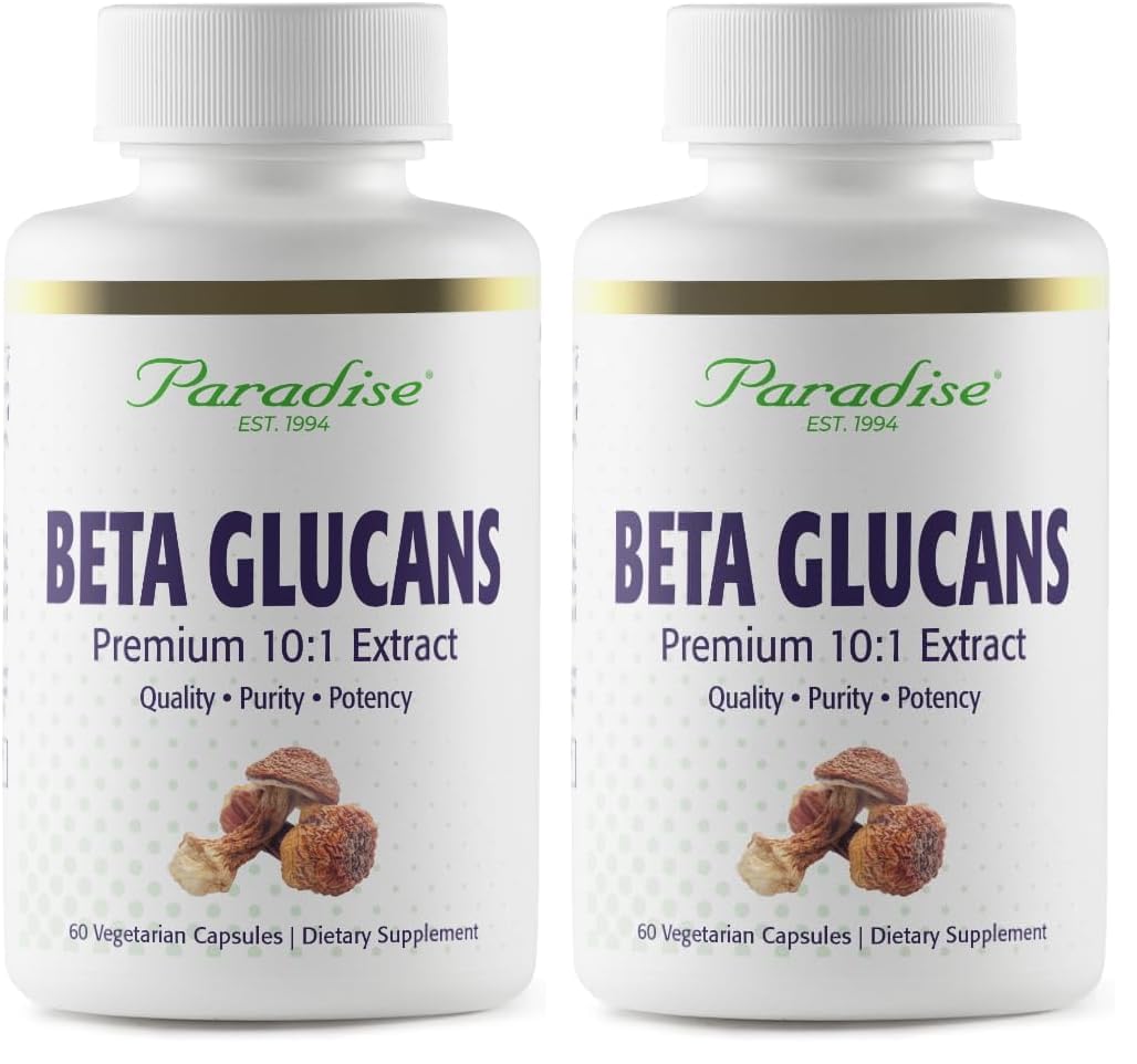 Paradise Herbs Beta Glucans bottle with Agaricus mushroom imagery