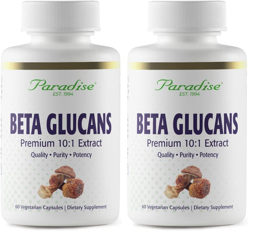 Paradise Herbs Beta Glucans bottle with Agaricus mushroom imagery