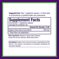 Packaging label for Paradise Herbs Camu Camu extract