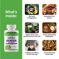 Two magnesium capsules beside the Earth's Blend bottle