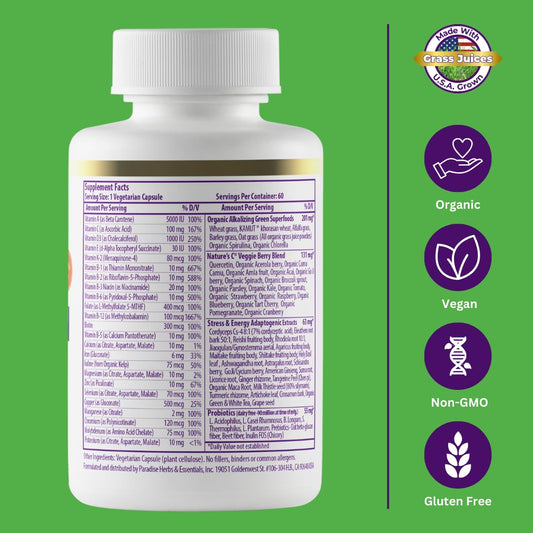 Close-up of label highlighting 48 organic superfoods and probiotics