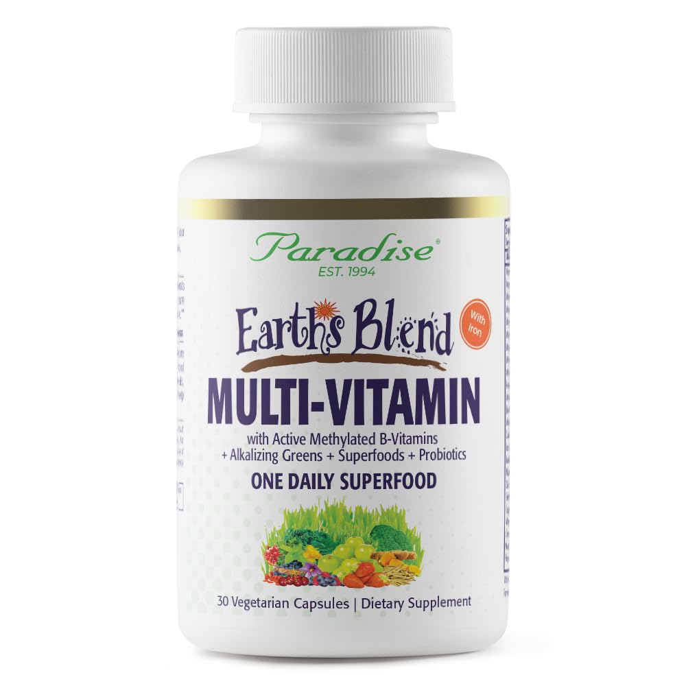 Front view of Paradise Herbs Earth's Blend Women's Multivitamin with Iron bottle