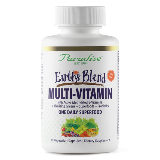 Front view of Paradise Herbs Earth's Blend Women's Multivitamin with Iron bottle