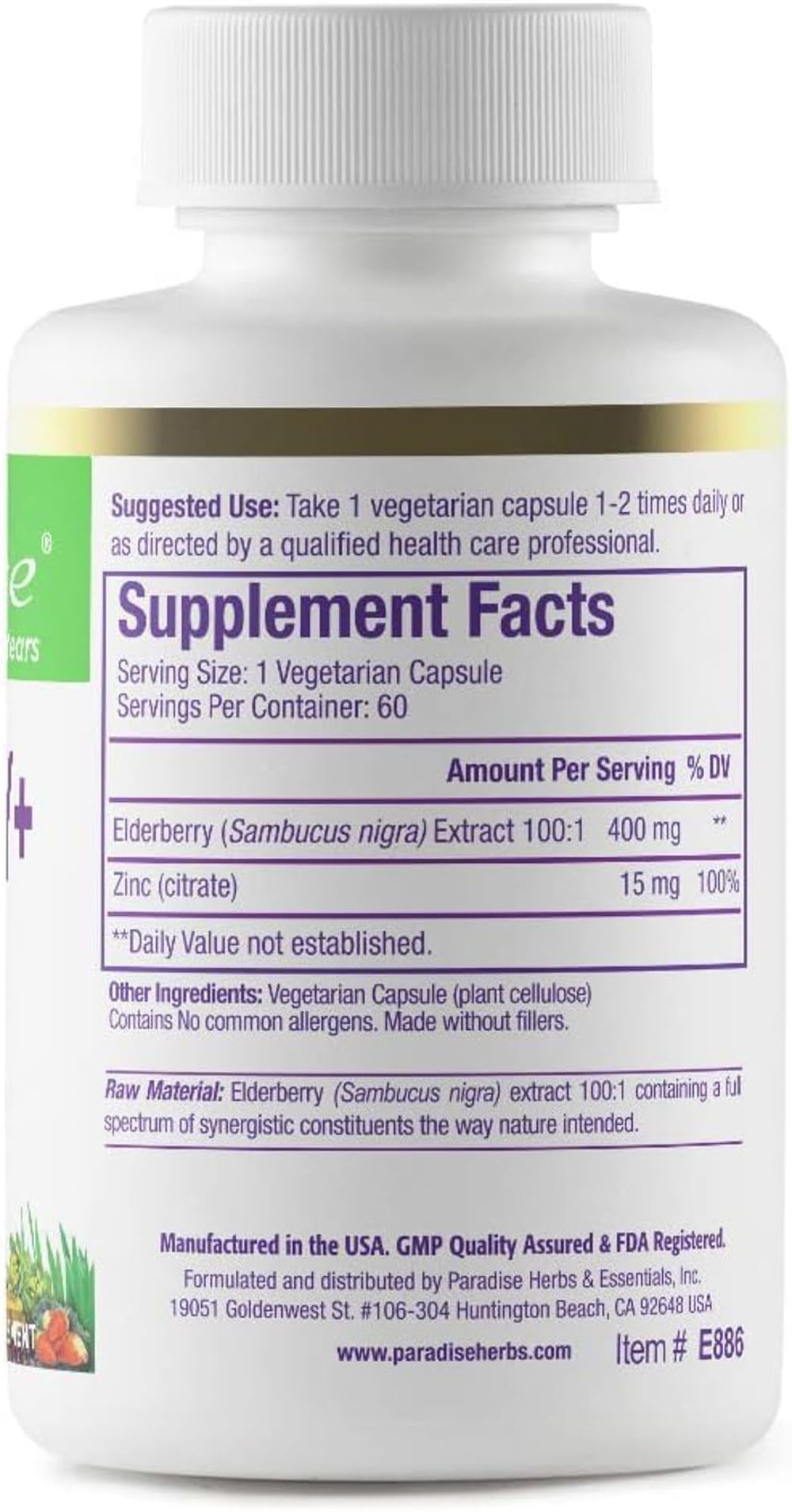 Close-up of the Paradise Herbs Elderberry with Zinc Extract supplement label