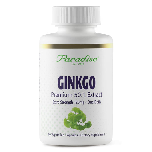 Paradise Herbs Ginkgo Biloba Extract bottle displaying 50:1 potency