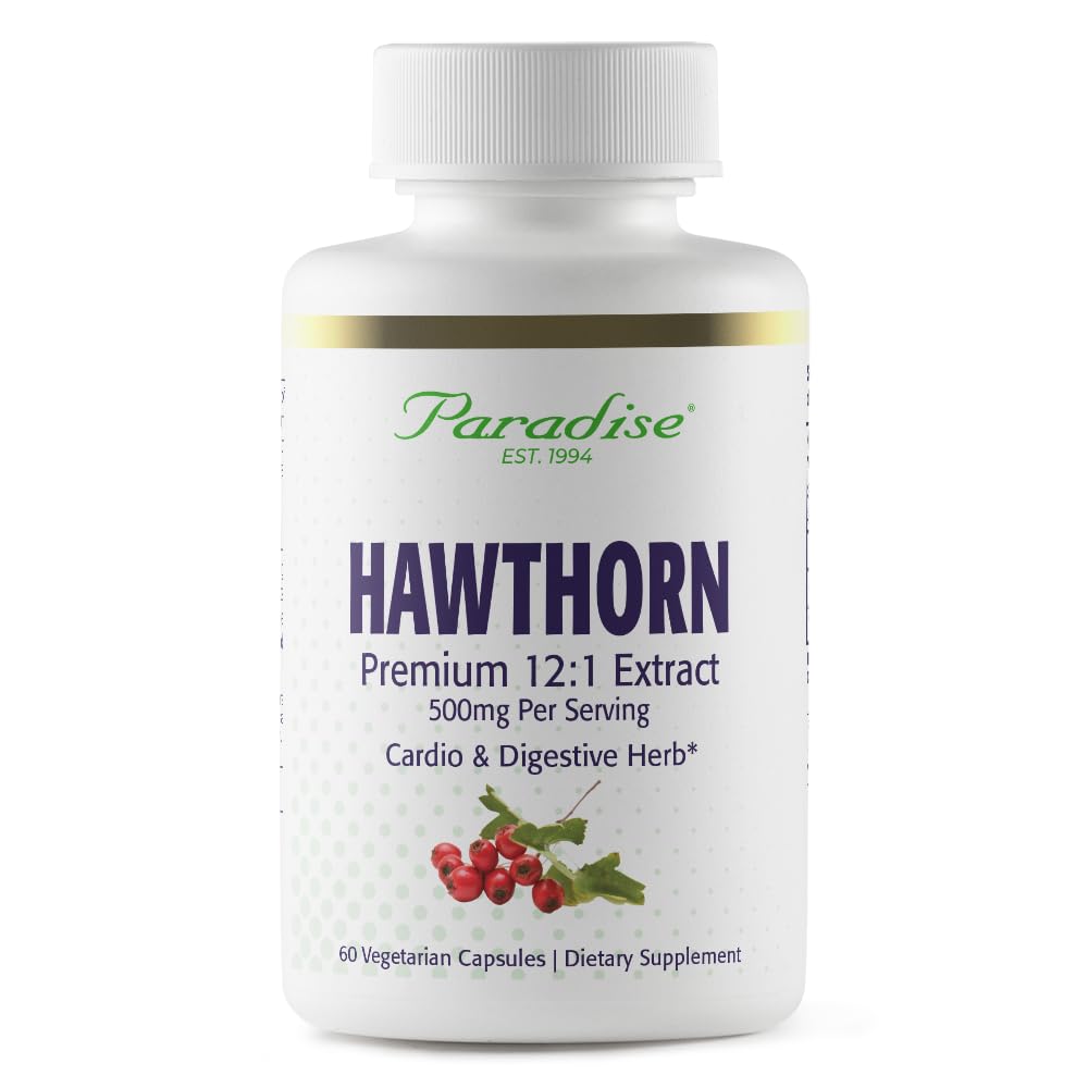 Paradise Herbs Hawthorn Berry – Active Whole Spectrum Extract, 60 Vegetarian Capsules bottle and label