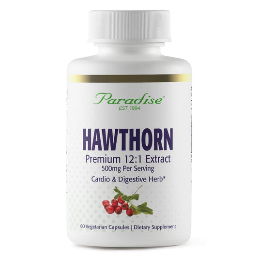 Paradise Herbs Hawthorn Berry – Active Whole Spectrum Extract, 60 Vegetarian Capsules bottle and label