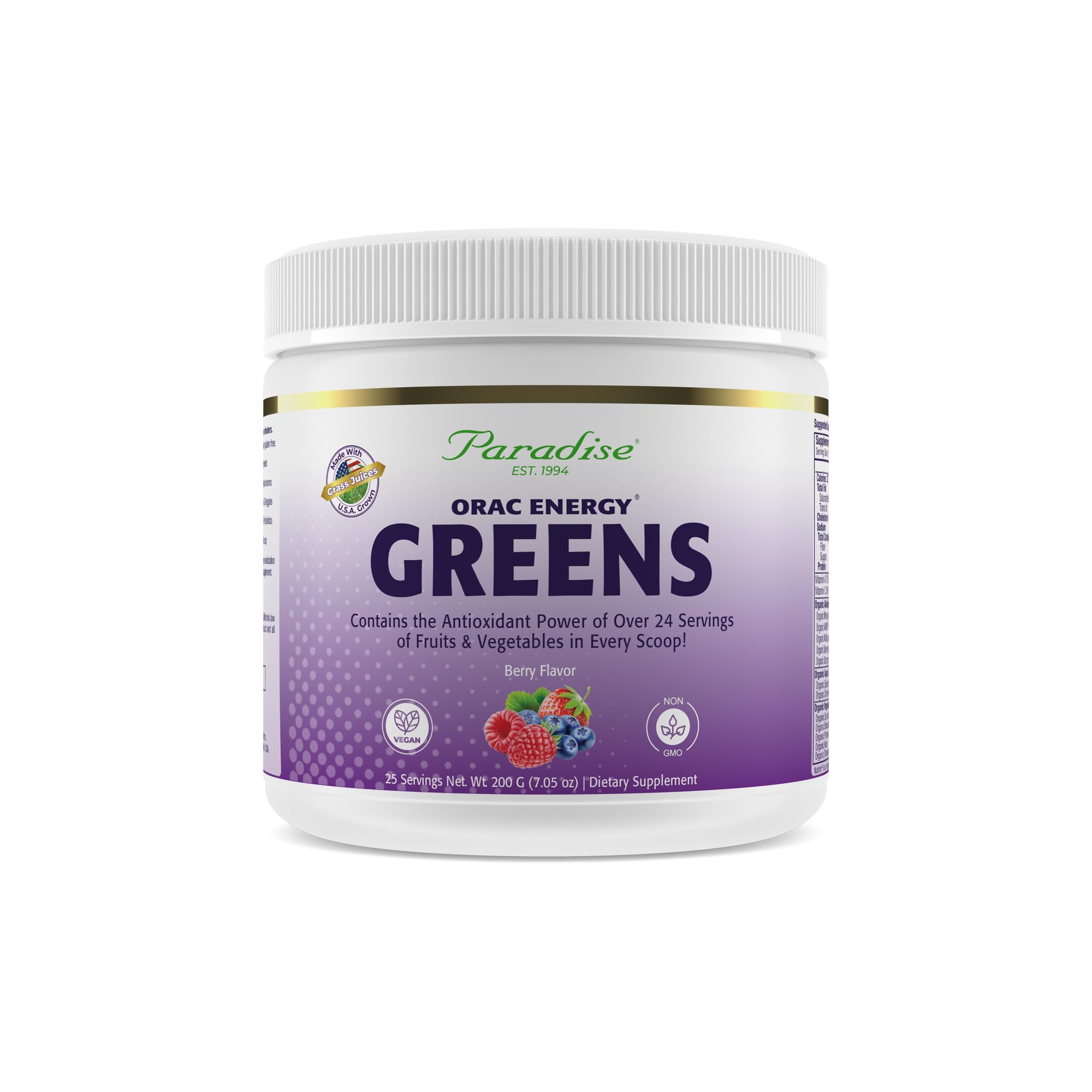 Front label of Paradise Herbs ORAC Energy Greens jar