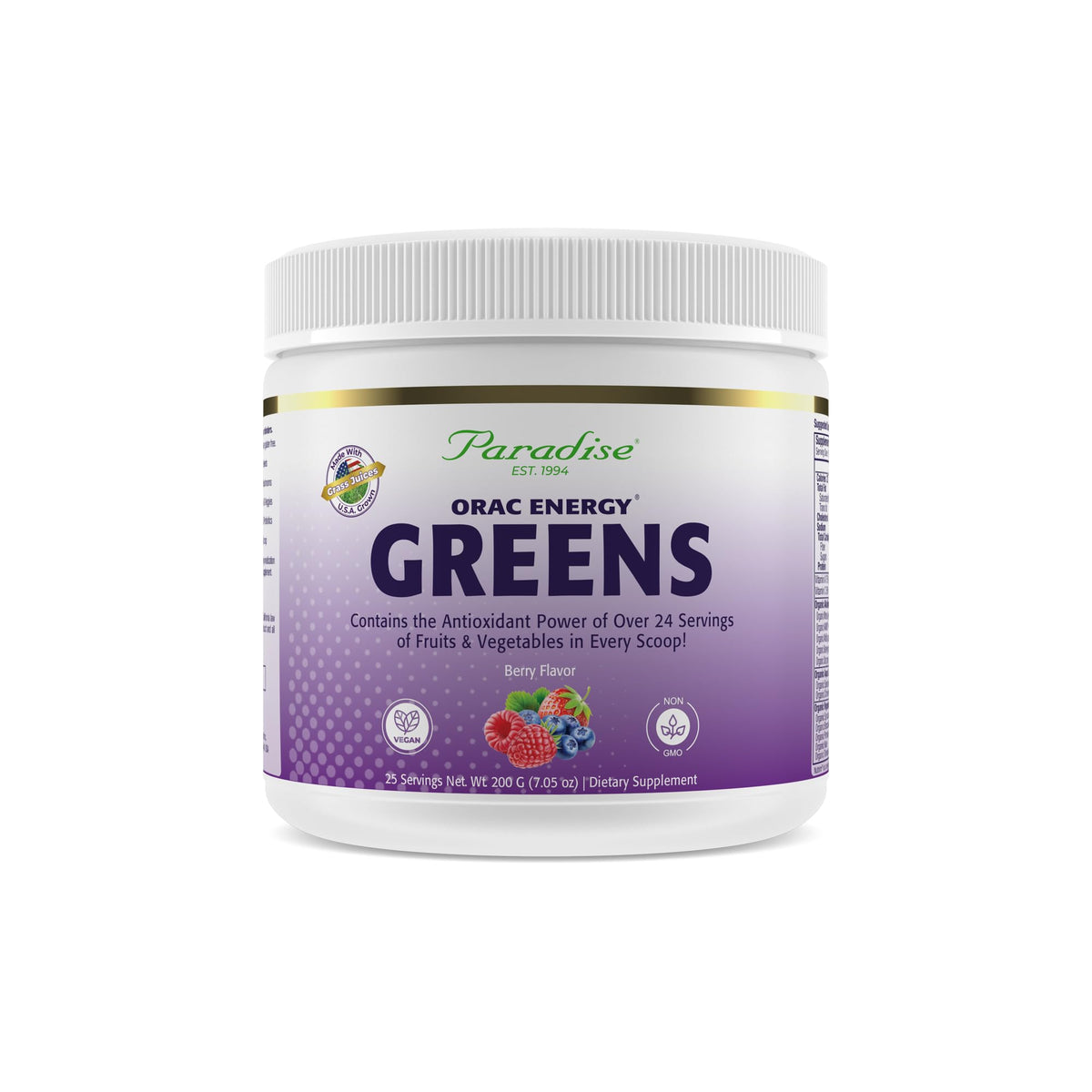 Front label of Paradise Herbs ORAC Energy Greens jar