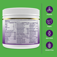 Non-GMO and gluten-free badges with greens powder