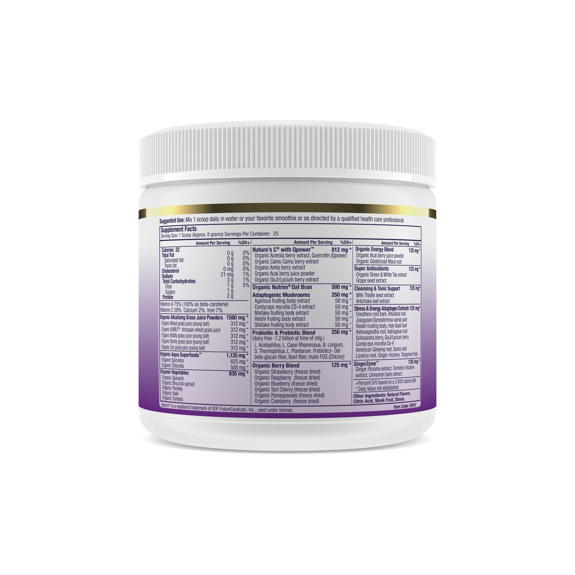Healthy lifestyle scene featuring greens, berries, and probiotic supplement