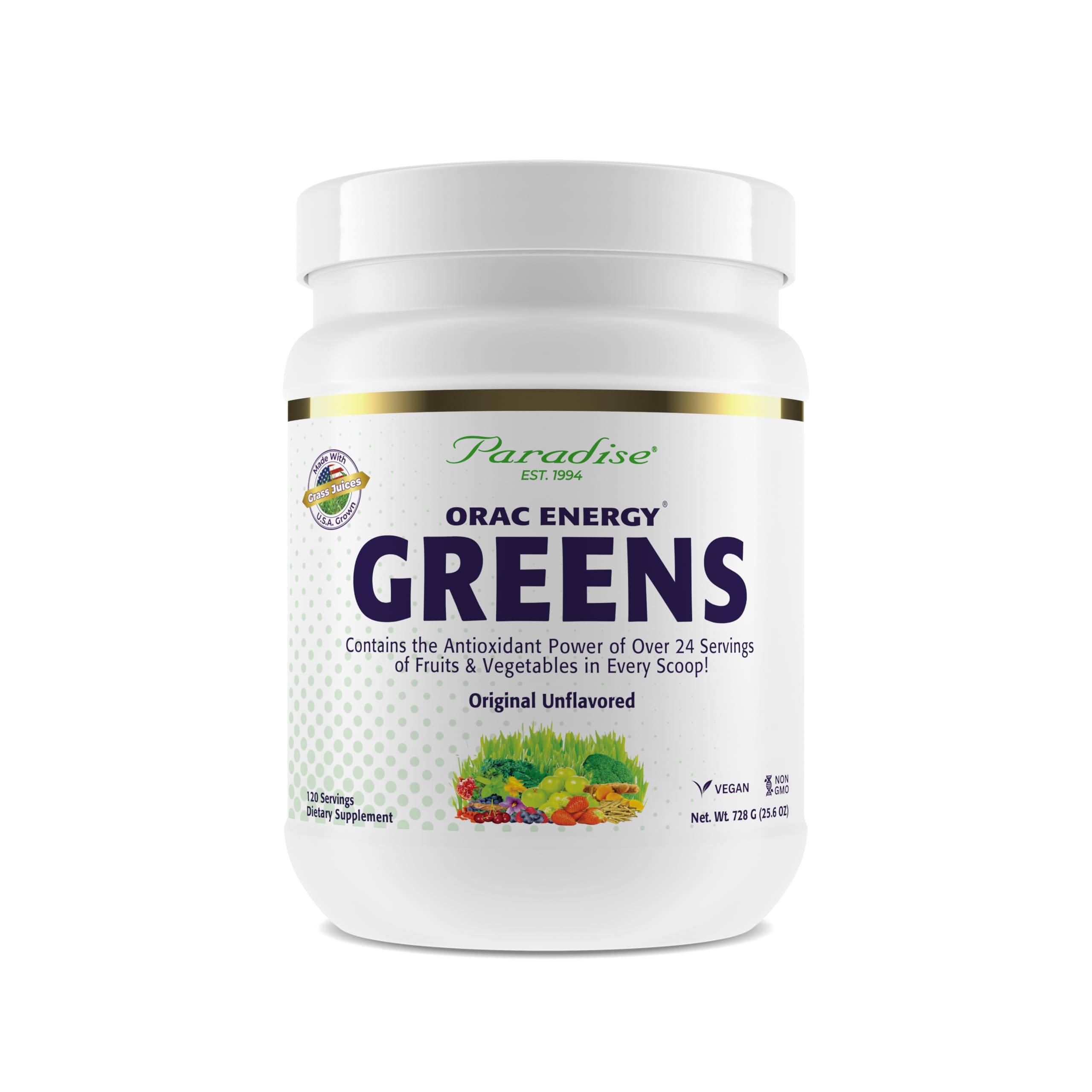 Paradise Herbs ORAC Energy Greens Powder container with scoop