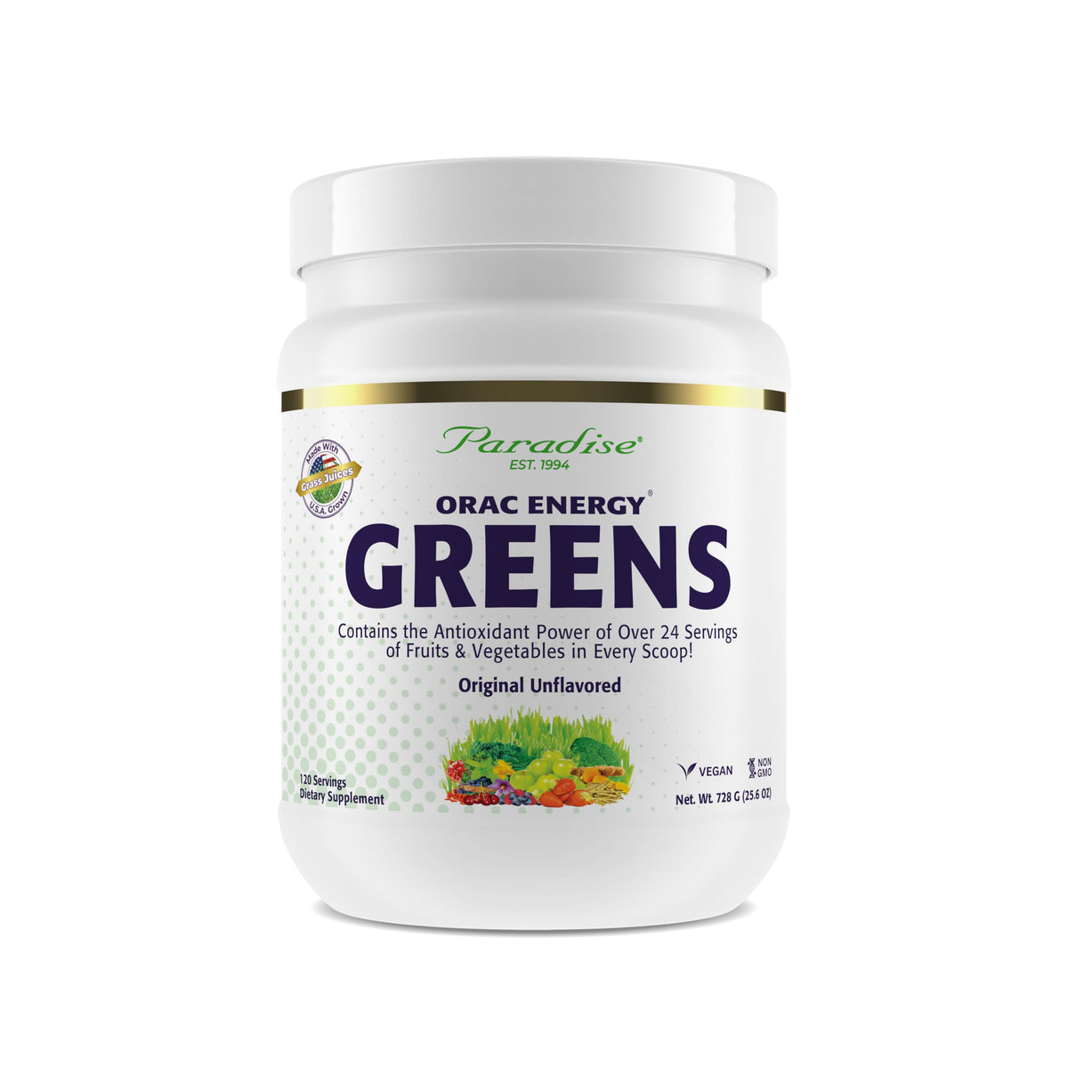 Paradise Herbs ORAC Energy Greens Powder container with scoop