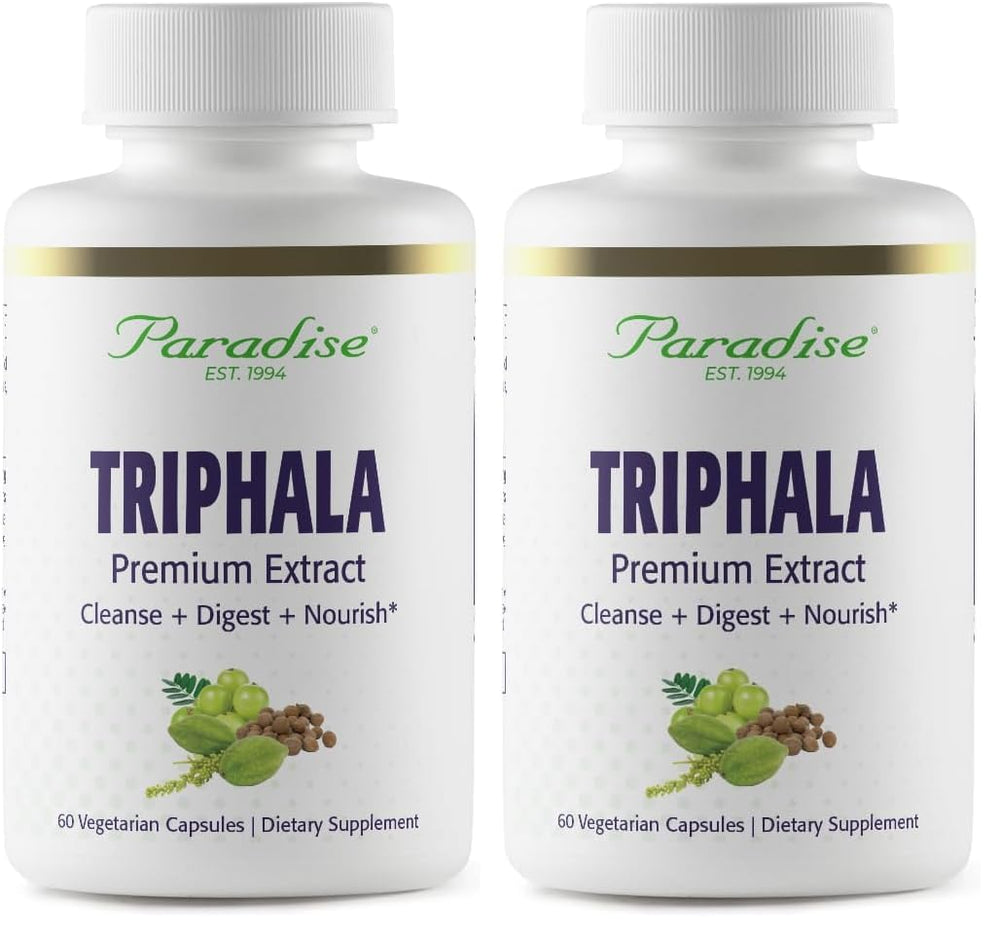 Paradise Herbs Organic Triphala Extract bottle with 60 vegetarian capsules (2-pack).