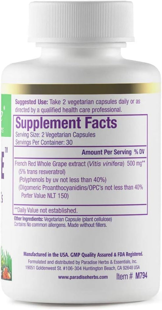 Close-up of Resveragrape bottle label showing Resveratrol, polyphenols and OPCs