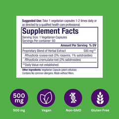 Rhodiola Extract 500mg capsules bottle – side view