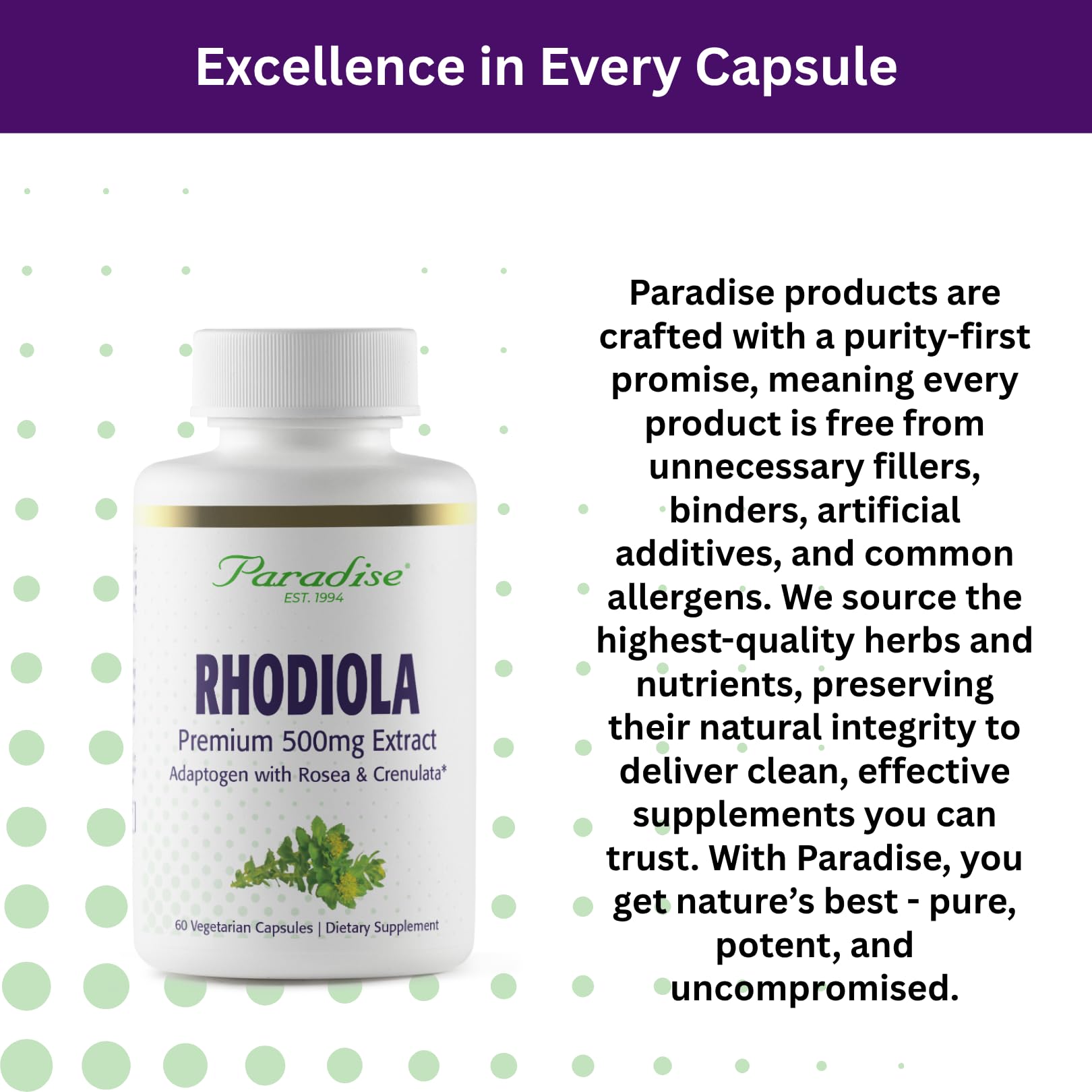Vegan, non-GMO, gluten-free certification on Rhodiola bottle label