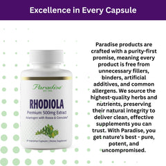 Vegan, non-GMO, gluten-free certification on Rhodiola bottle label