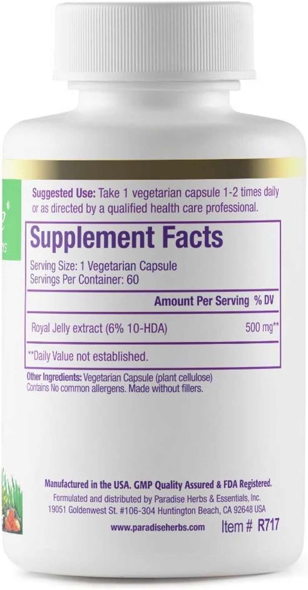 Close-up of Paradise Herbs Royal Jelly Golden Emperor capsules and packaging highlighting vegan and gluten-free formula