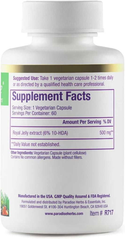 Close-up of Paradise Herbs Royal Jelly Golden Emperor capsules and packaging highlighting vegan and gluten-free formula