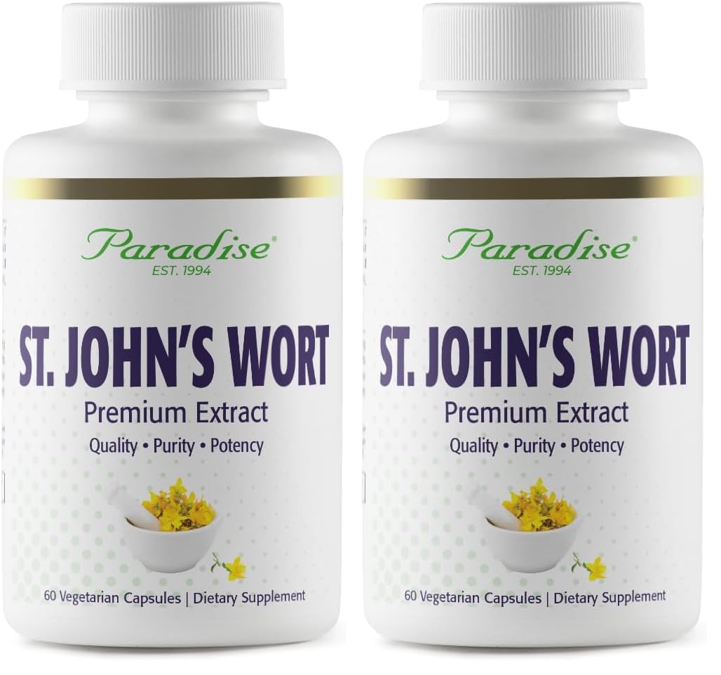 Paradise Herbs St. John's Wort Extract 2-Pack bottle and capsules