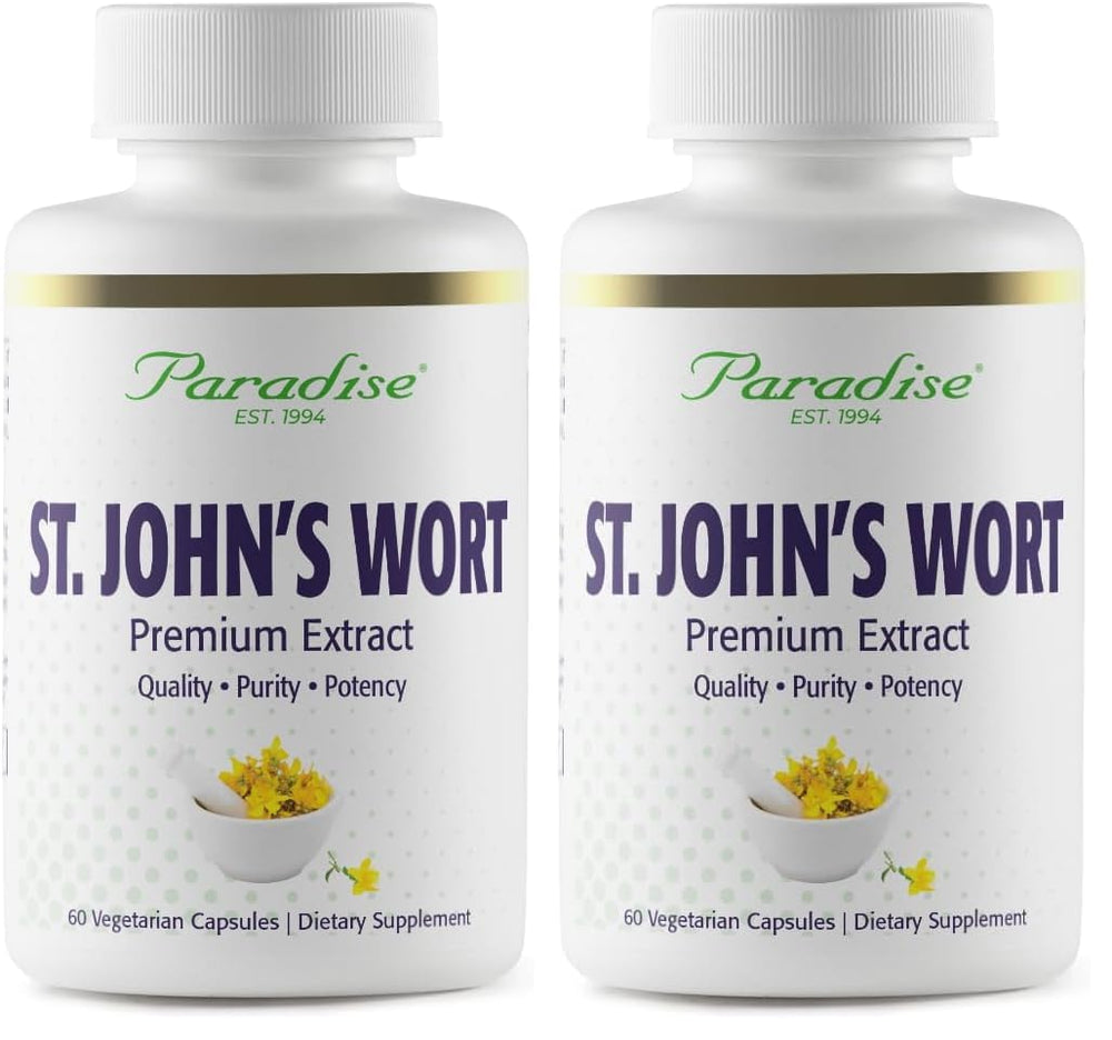 Paradise Herbs St. John's Wort Extract 2-Pack bottle and capsules