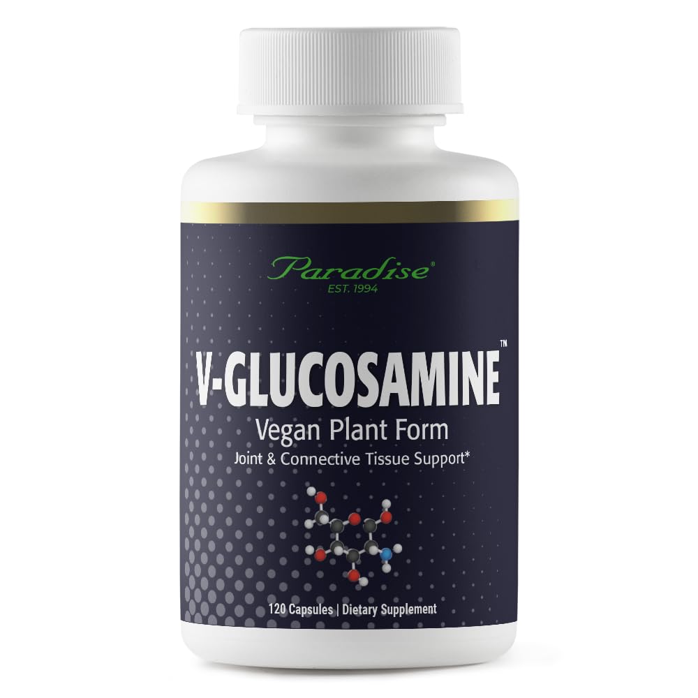Paradise Herbs V-Glucosamine supplement bottle and capsules