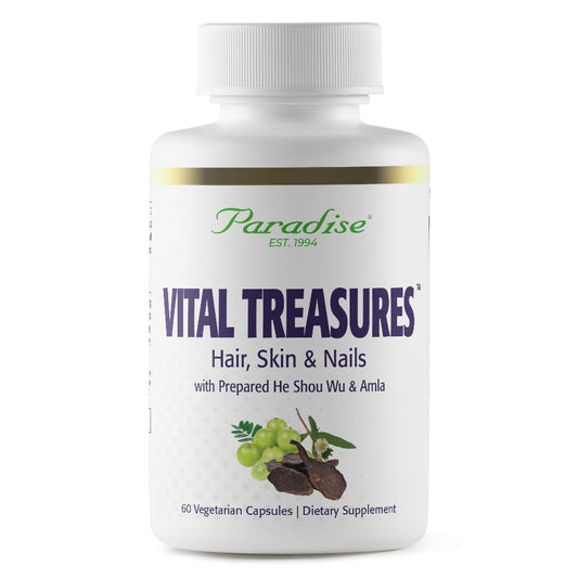 Paradise Herbs Vital Treasures Hair Skin Nails supplement bottle with 60 vegetarian capsules