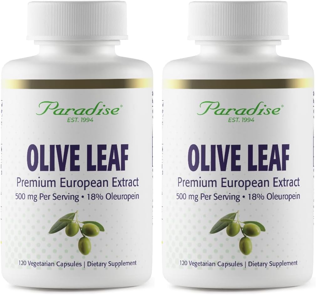 Paradise Olive Leaf Extract bottle and packaging on a wooden surface