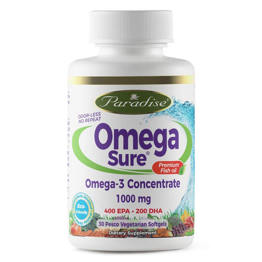 Paradise Omega Fish Oil 30 Vgels gelatin-free vegetarian capsule bottle