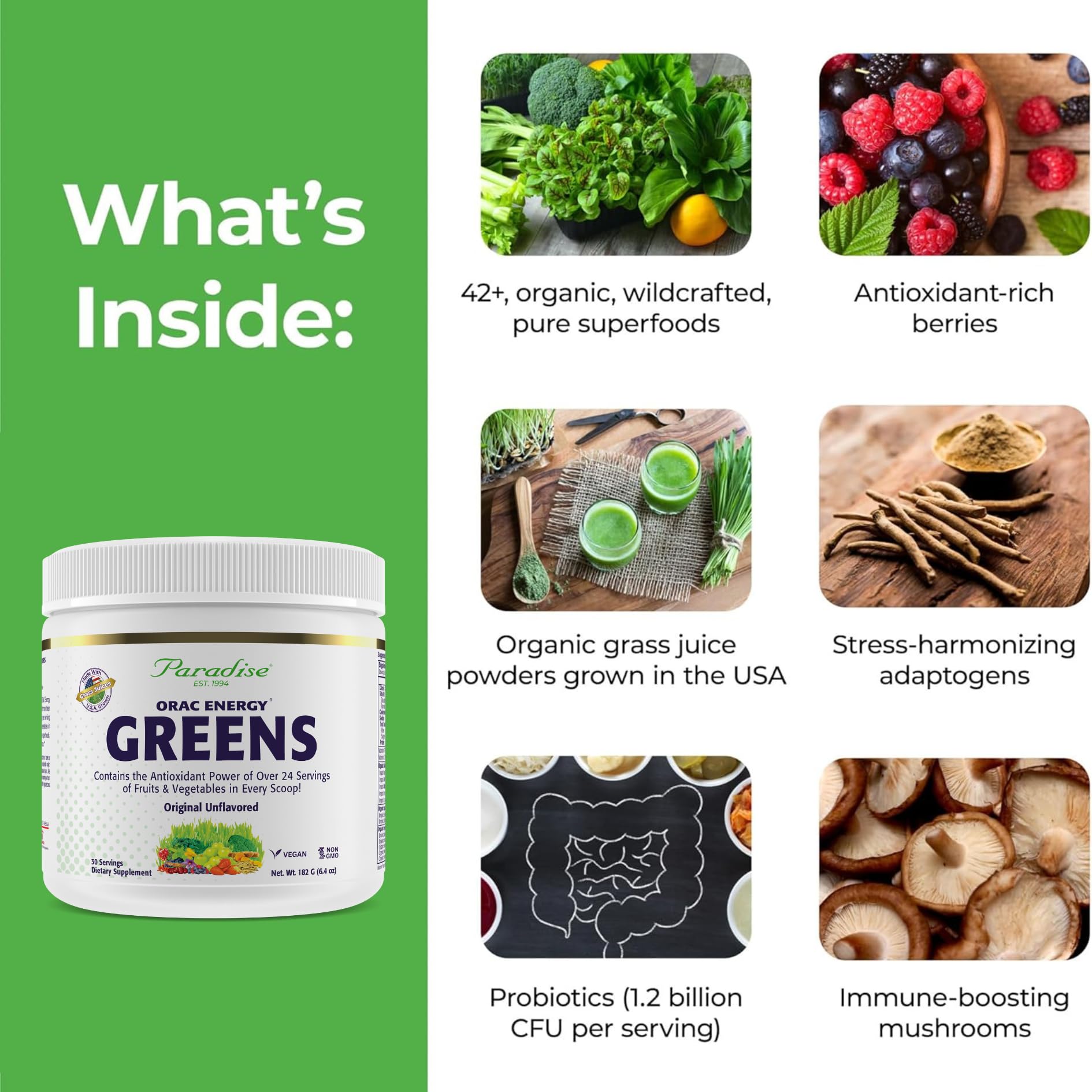 Spirulina, chlorella, spinach, kale and berry blend ingredients