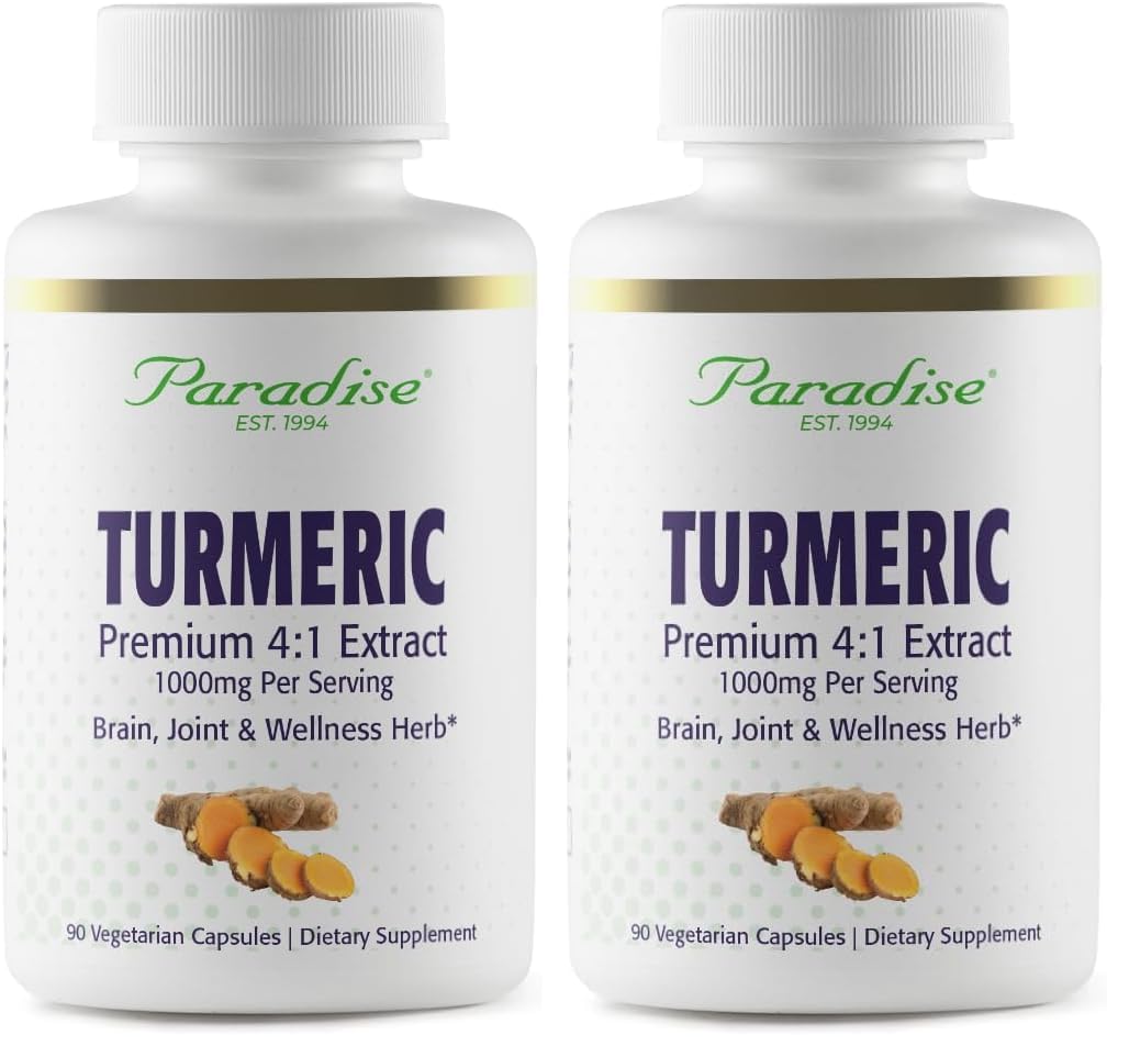 Paradise Organic Turmeric Rhizome 4:1 Extract bottle with 90 vegetarian capsules (pack of 2)