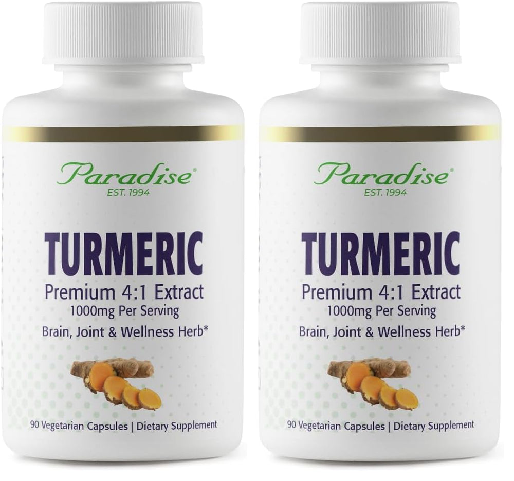 Paradise Organic Turmeric Rhizome 4:1 Extract bottle with 90 vegetarian capsules (pack of 2)