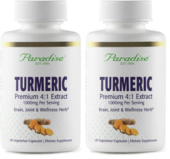 Paradise Organic Turmeric Rhizome 4:1 Extract bottle with 90 vegetarian capsules (pack of 2)