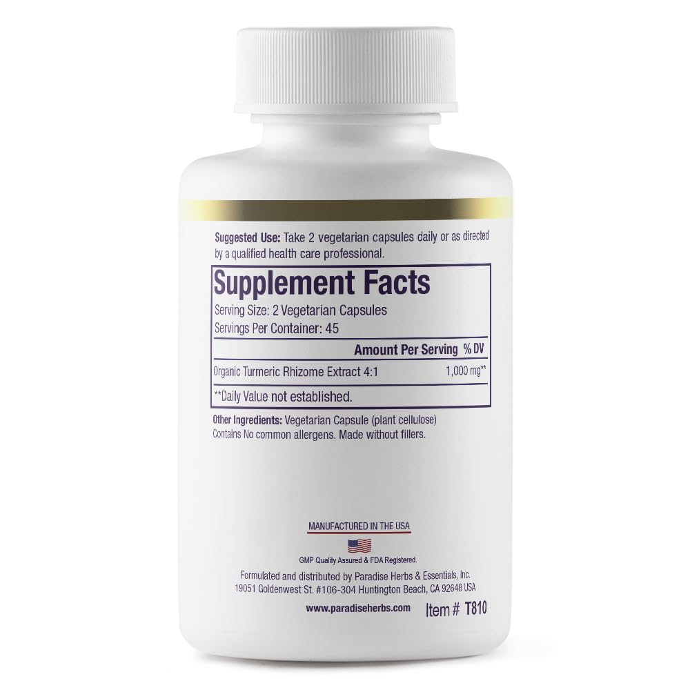 Close-up of Paradise Organic Turmeric Rhizome 4:1 Extract capsules