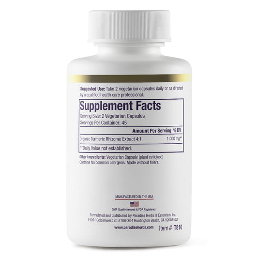 Close-up of Paradise Organic Turmeric Rhizome 4:1 Extract capsules