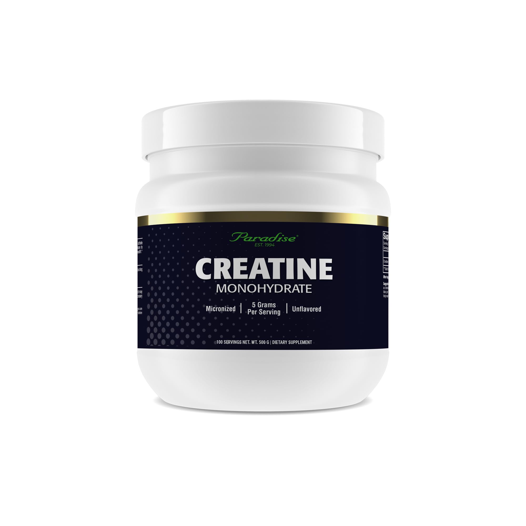 Front view of Paradise Creatine Monohydrate 500g tub