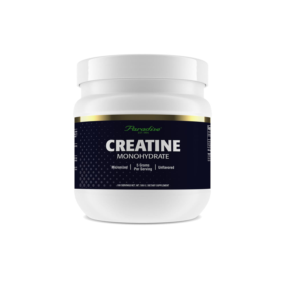 Front view of Paradise Creatine Monohydrate 500g tub