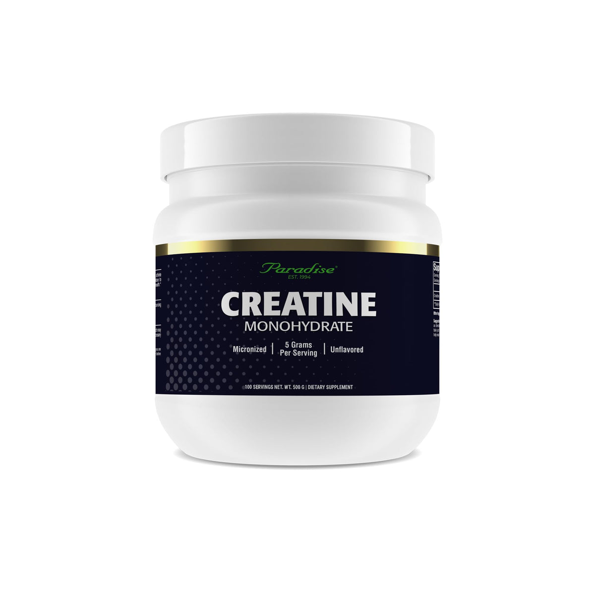 Front view of Paradise Creatine Monohydrate 500g tub