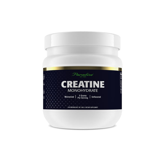 Front view of Paradise Creatine Monohydrate 500g tub