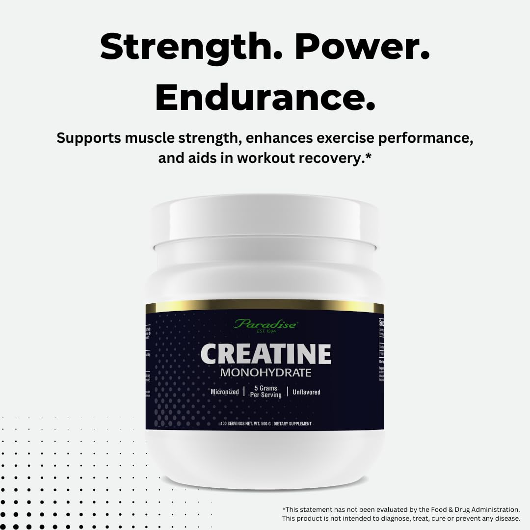 Side view of 500g Paradise Creatine Monohydrate tub