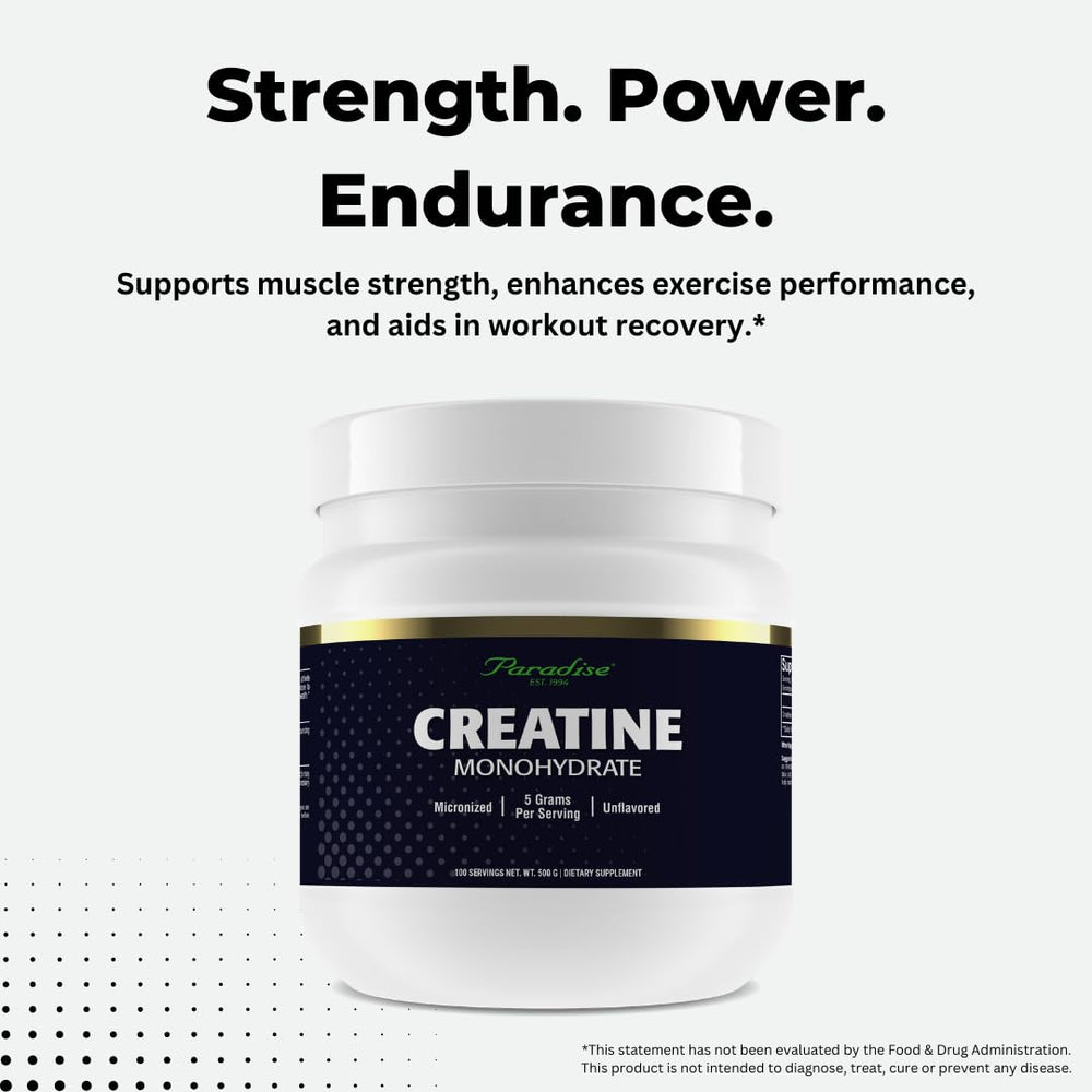 Side view of 500g Paradise Creatine Monohydrate tub